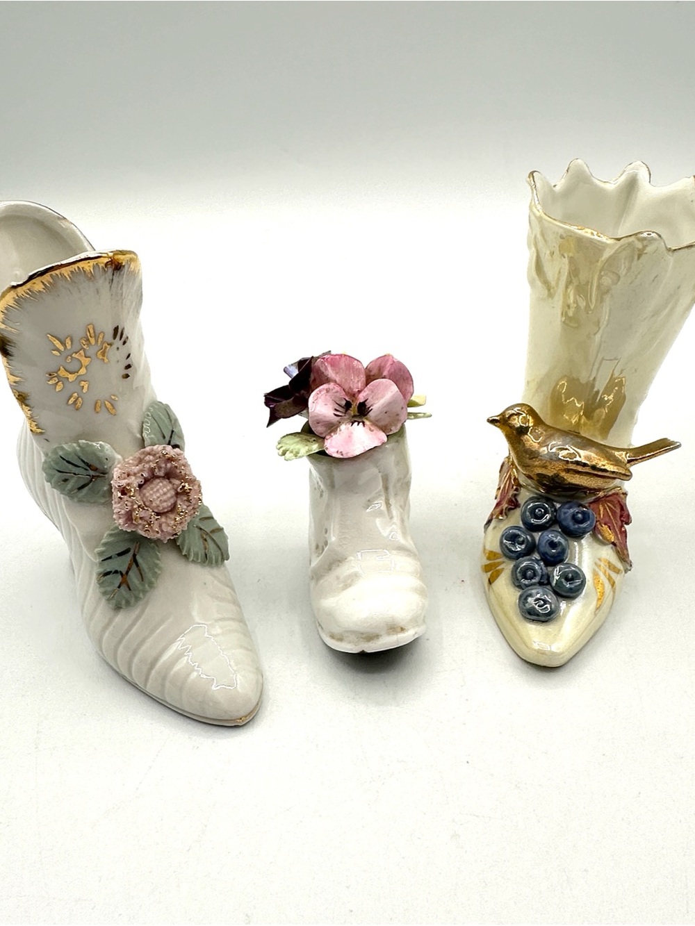 3 Vintage Shoes, Antique porcelain. Floral.
